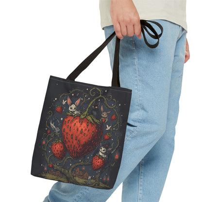 Strawberry Sprite Illustration Tote Bag | Whimsical Bunny & Skull Vines