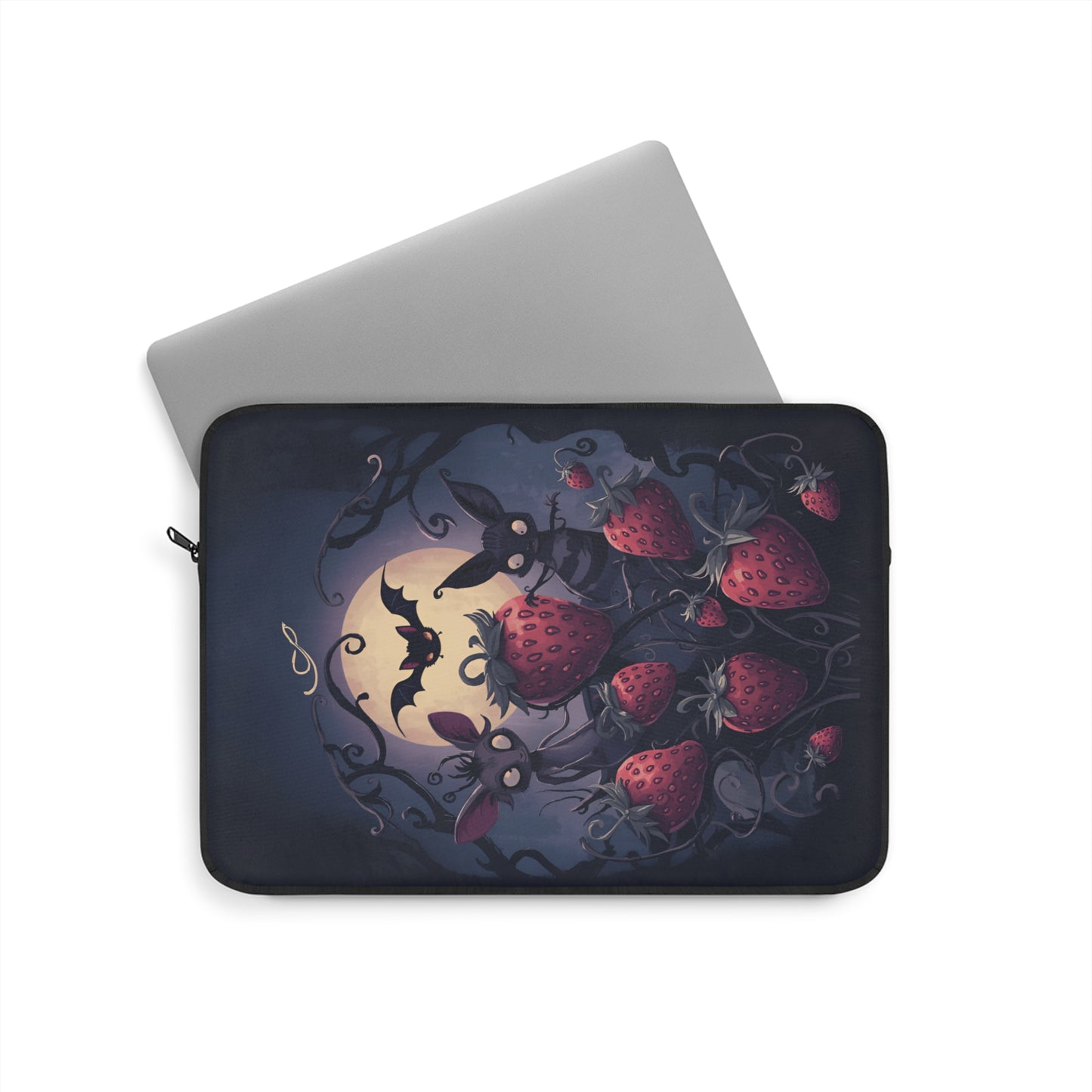Moonlit Bats and Strawberries Laptop Sleeve | Gothic Night Illustration