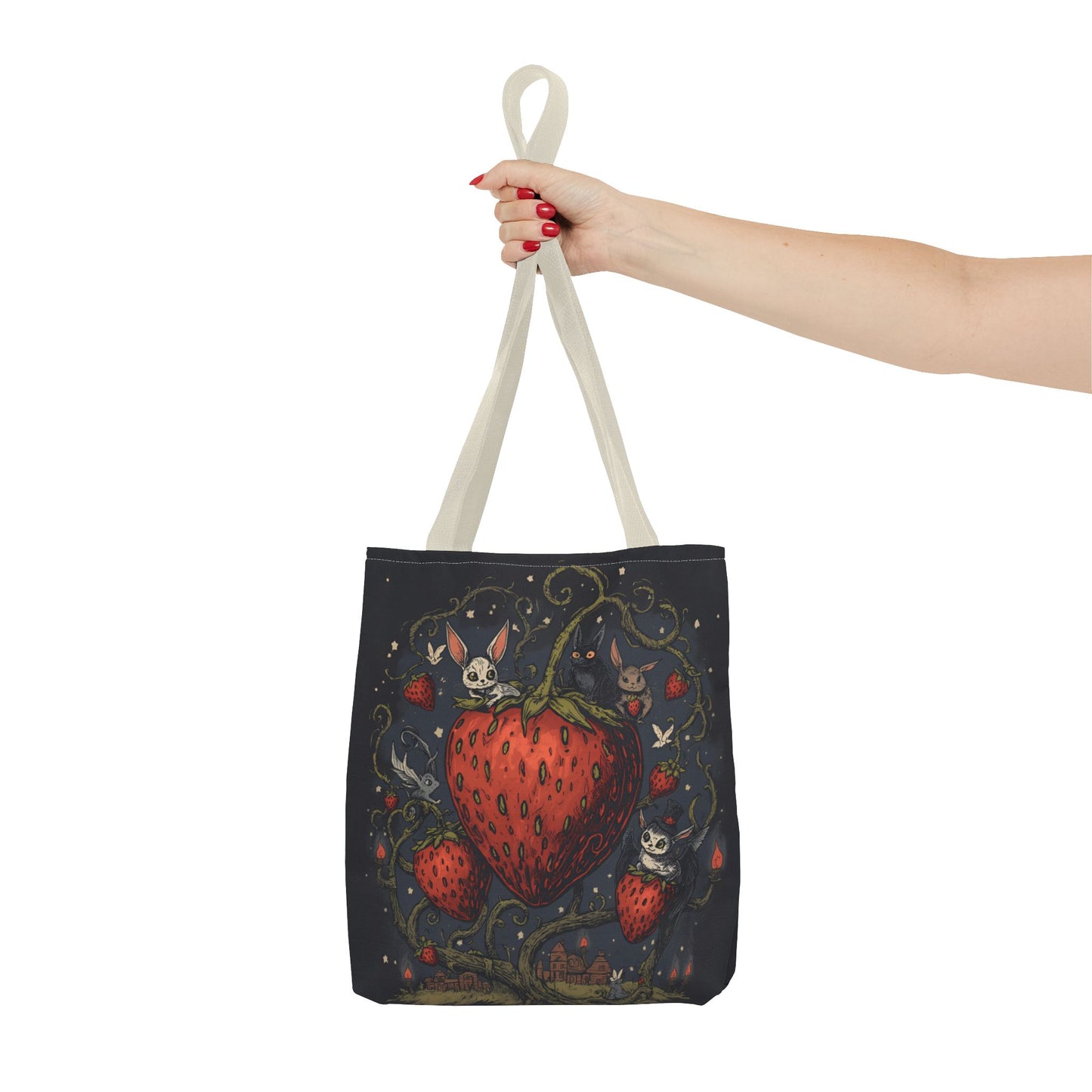 Strawberry Sprite Illustration Tote Bag | Whimsical Bunny & Skull Vines