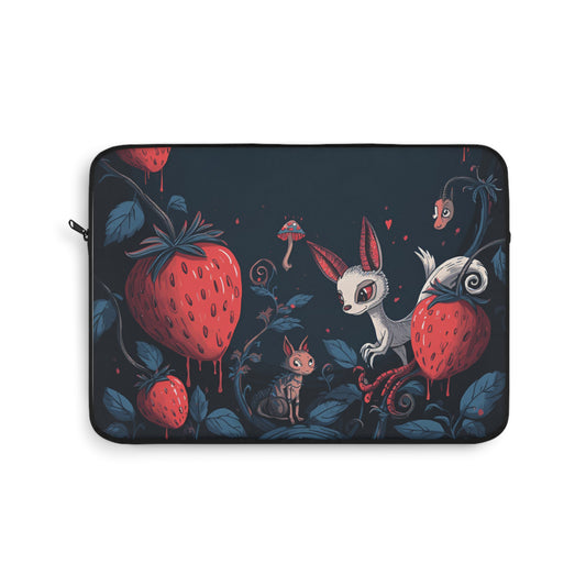 Whimsical Bunny and Strawberry Laptop Sleeve | Cute Dark Forest Illustration
