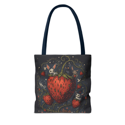 Strawberry Sprite Illustration Tote Bag | Whimsical Bunny & Skull Vines