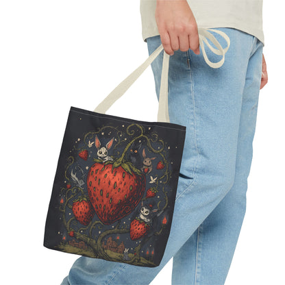 Strawberry Sprite Illustration Tote Bag | Whimsical Bunny & Skull Vines