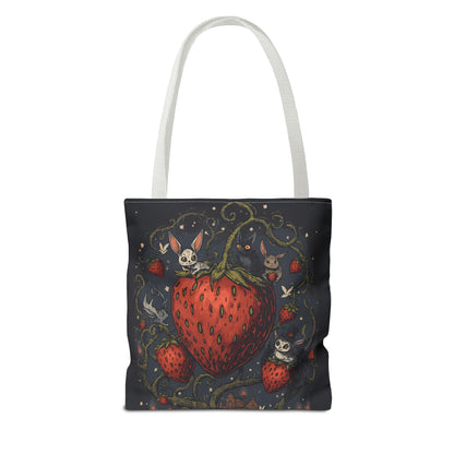 Strawberry Sprite Illustration Tote Bag | Whimsical Bunny & Skull Vines