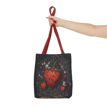 Strawberry Sprite Illustration Tote Bag | Whimsical Bunny & Skull Vines