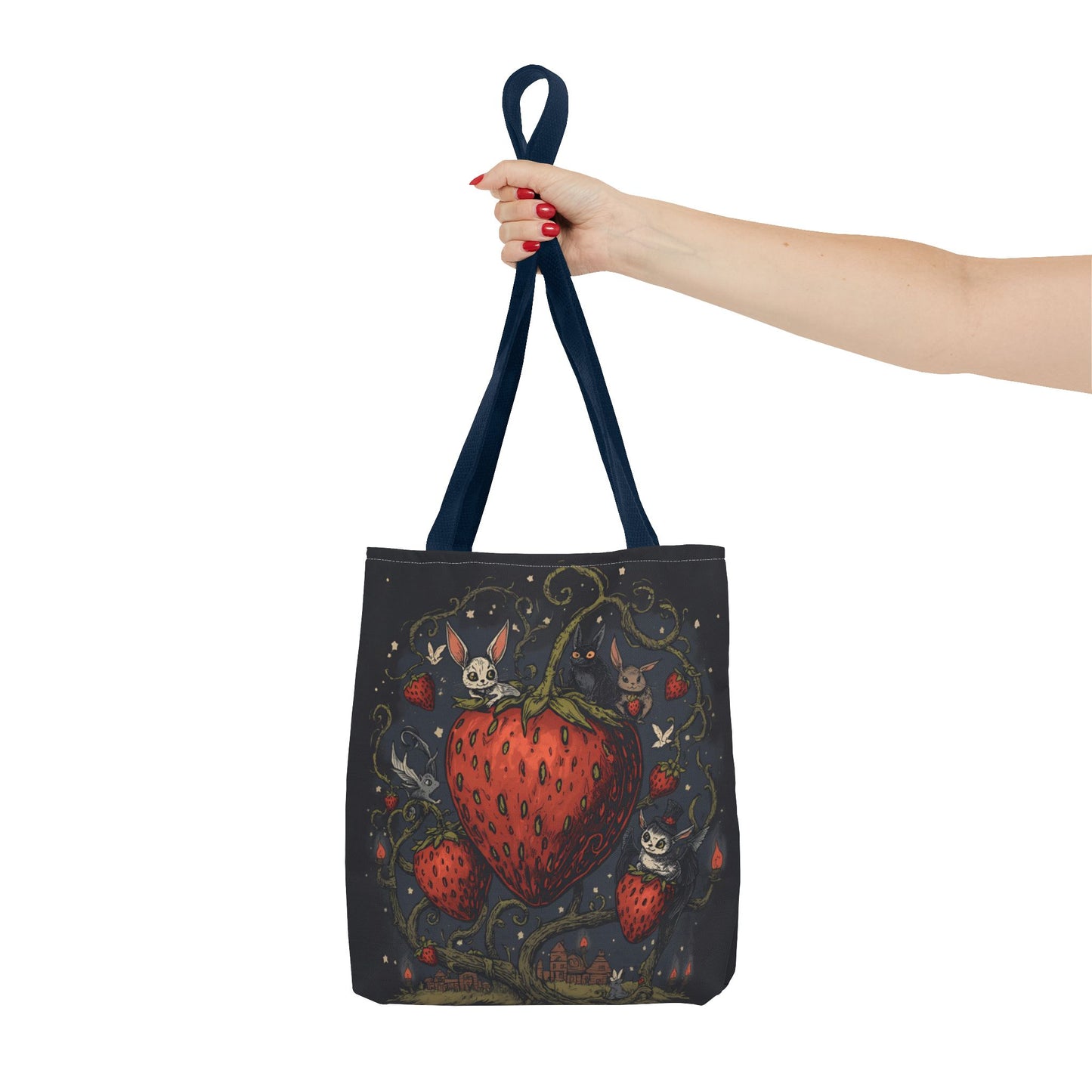 Strawberry Sprite Illustration Tote Bag | Whimsical Bunny & Skull Vines