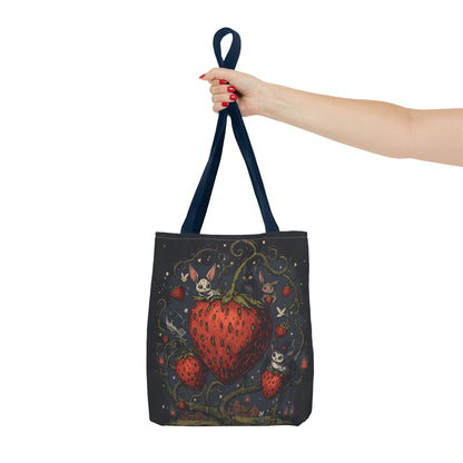 Strawberry Sprite Illustration Tote Bag | Whimsical Bunny & Skull Vines