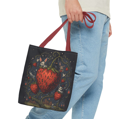 Strawberry Sprite Illustration Tote Bag | Whimsical Bunny & Skull Vines