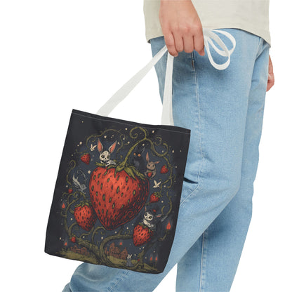 Strawberry Sprite Illustration Tote Bag | Whimsical Bunny & Skull Vines