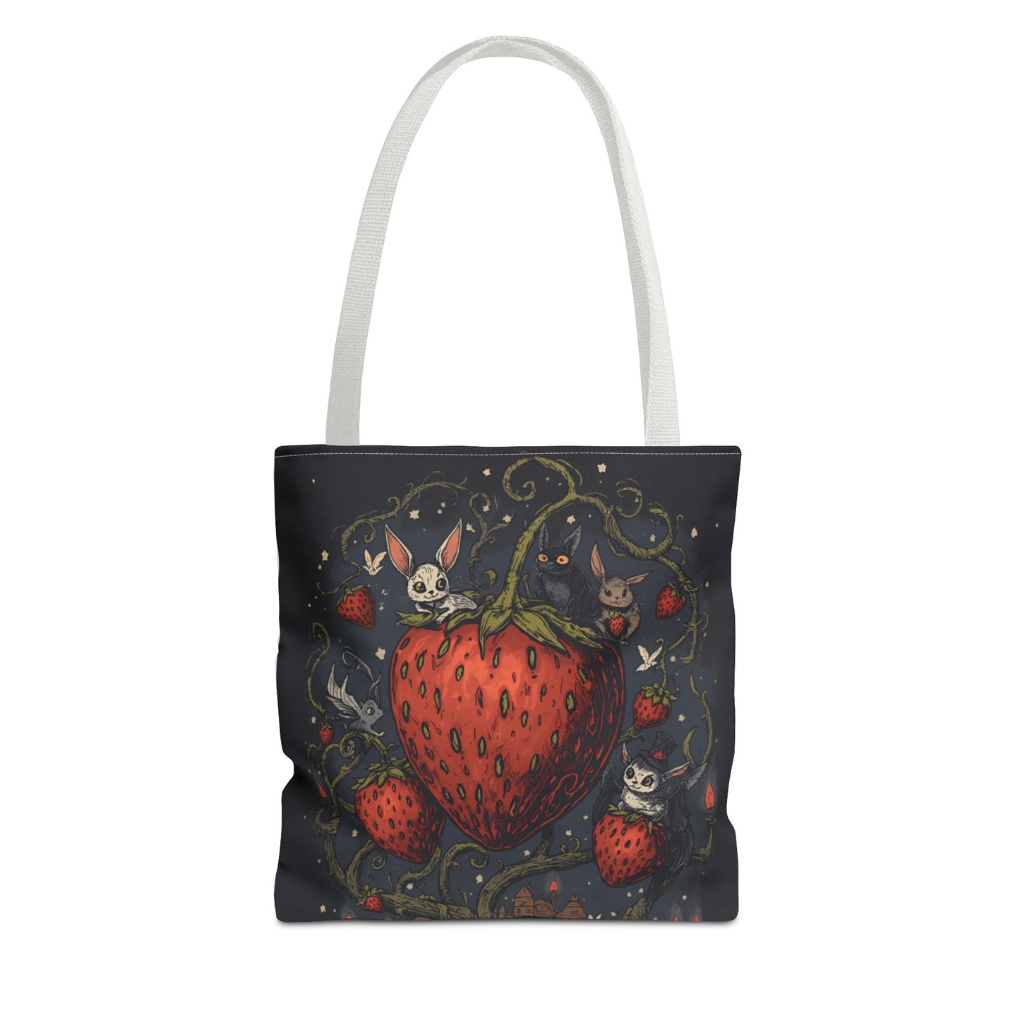 Strawberry Sprite Illustration Tote Bag | Whimsical Bunny & Skull Vines