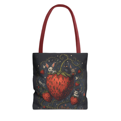 Strawberry Sprite Illustration Tote Bag | Whimsical Bunny & Skull Vines