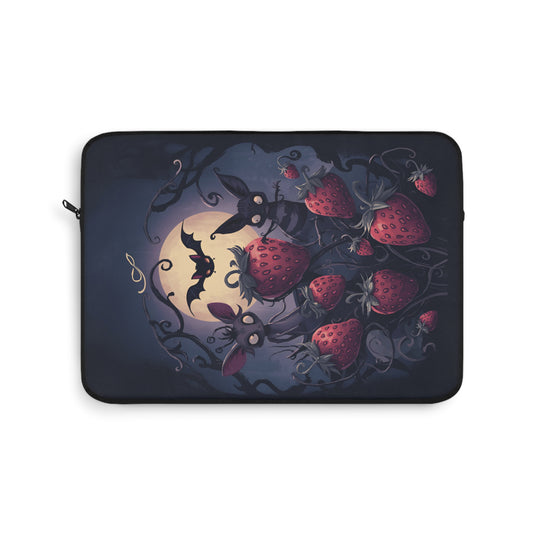 Moonlit Bats and Strawberries Laptop Sleeve | Gothic Night Illustration