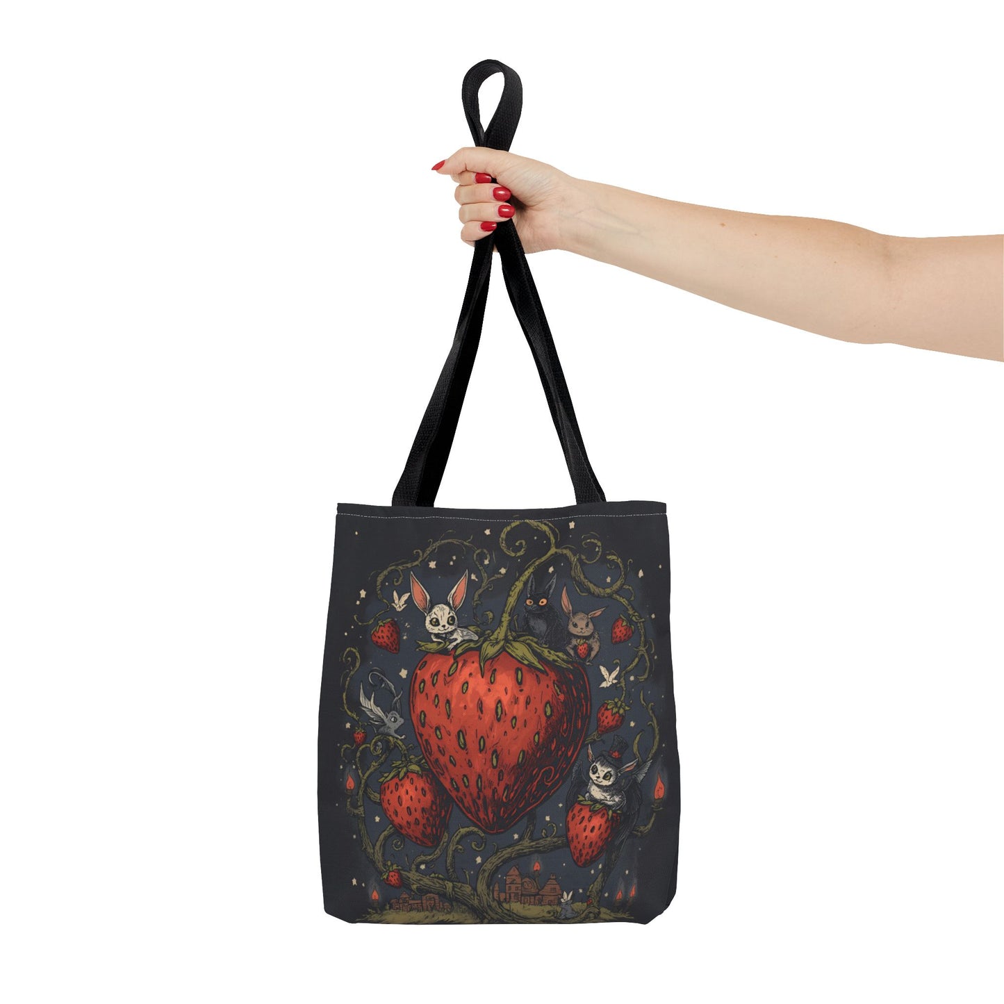 Strawberry Sprite Illustration Tote Bag | Whimsical Bunny & Skull Vines
