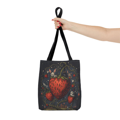 Strawberry Sprite Illustration Tote Bag | Whimsical Bunny & Skull Vines