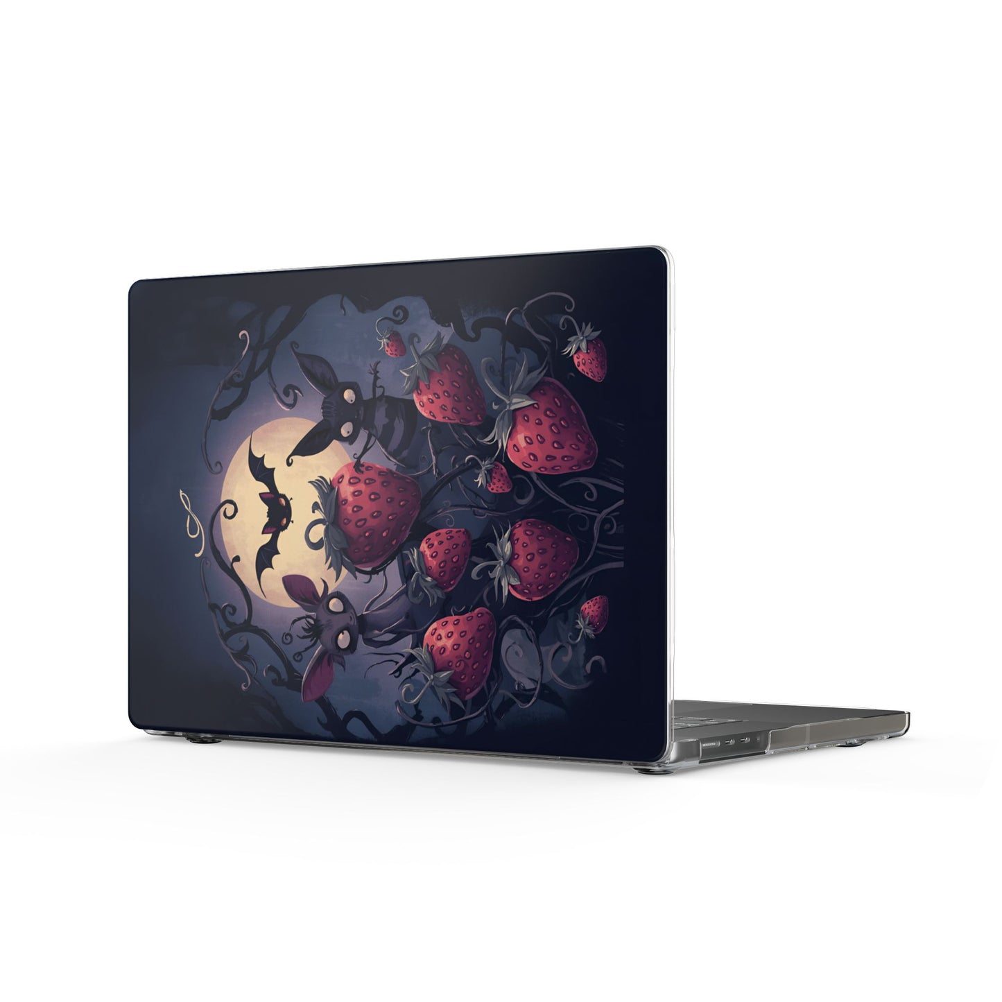 Strawberry Night Creatures MacBook Case | Moonlit Bats & Whimsical Rabbits