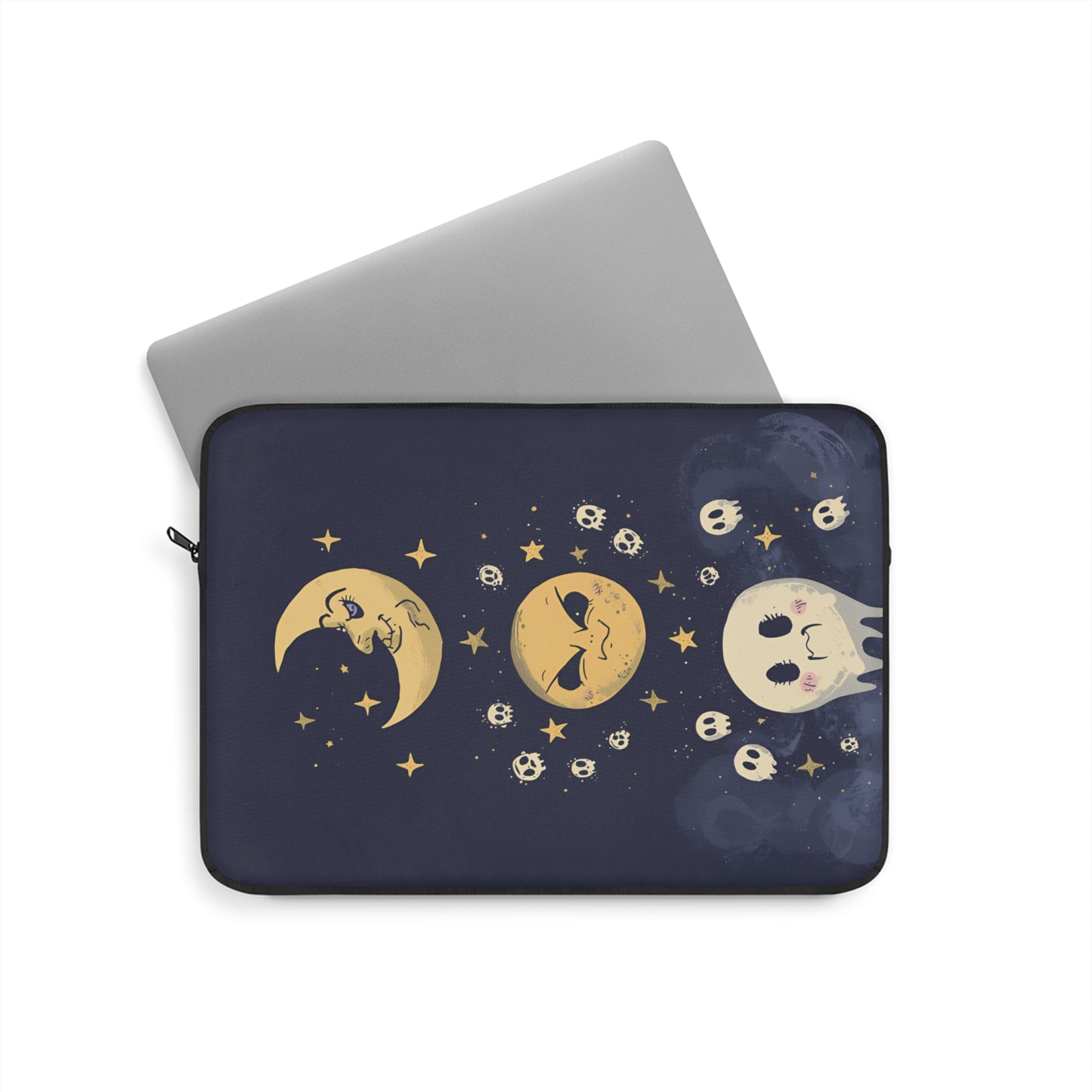 Crescent Moon Faces Laptop Sleeve | Cute Celestial Skulls Stars