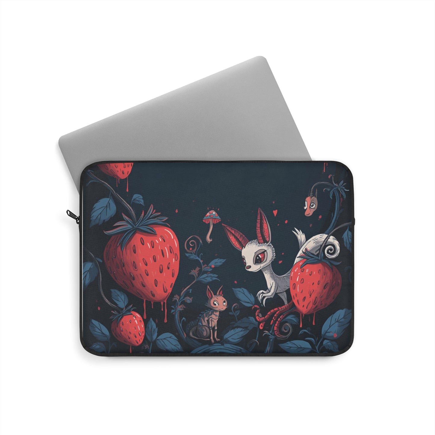Whimsical Bunny and Strawberry Laptop Sleeve | Cute Dark Forest Illustration