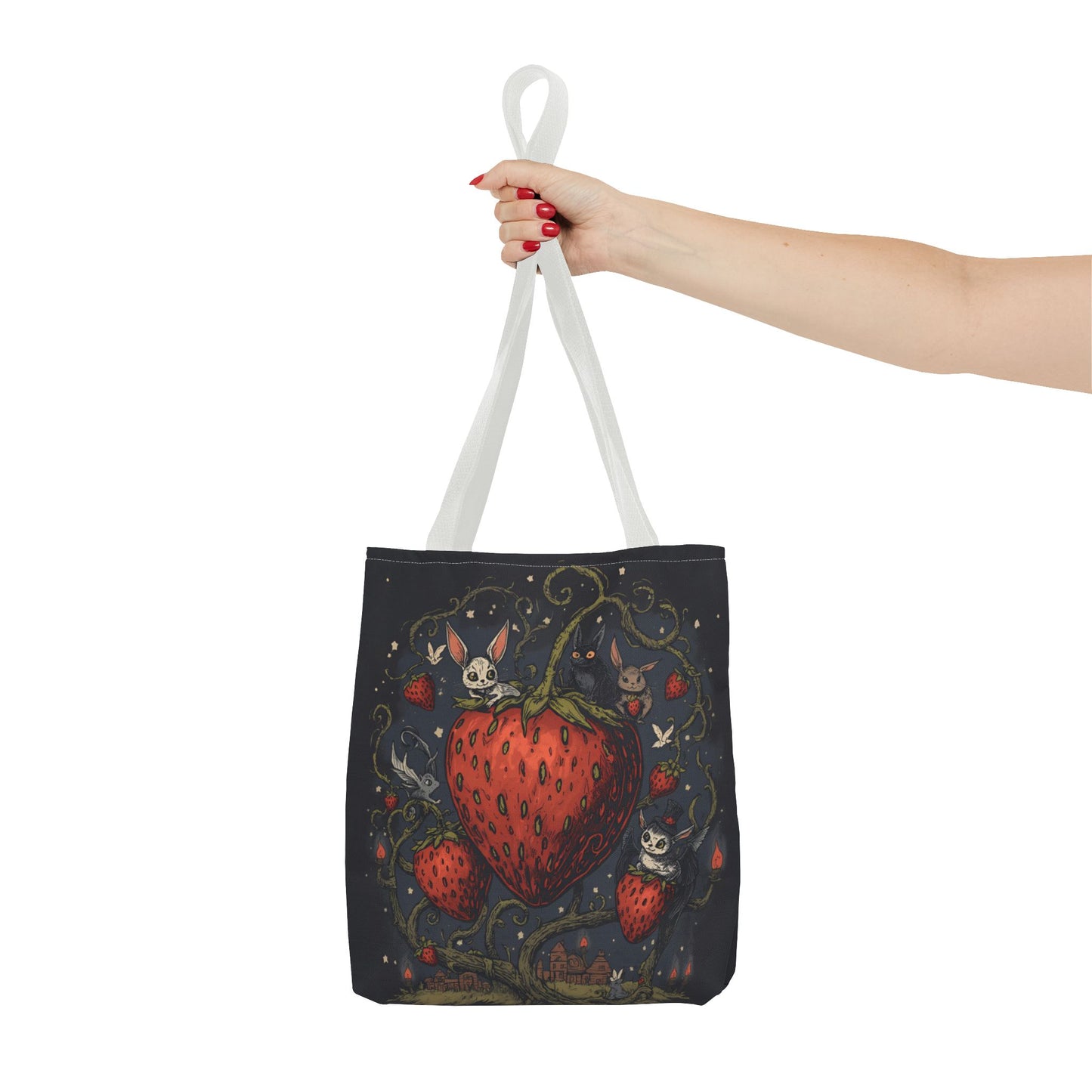 Strawberry Sprite Illustration Tote Bag | Whimsical Bunny & Skull Vines