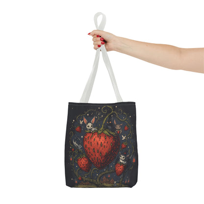 Strawberry Sprite Illustration Tote Bag | Whimsical Bunny & Skull Vines