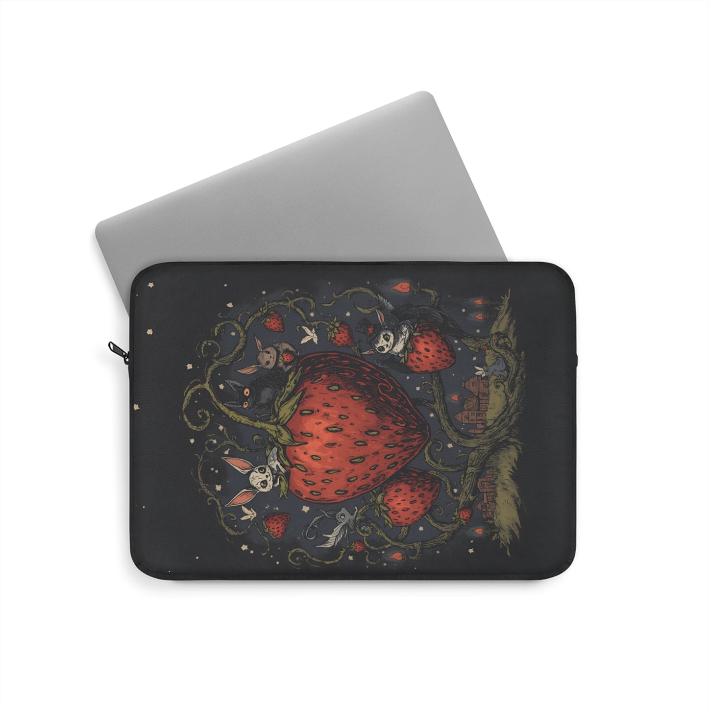 Strawberry Patch Illustration Laptop Sleeve | Cute Mouse Forest Design
